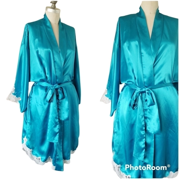 NATORI Vintage Satin Lace Trim Embroidered Sleeves Short Robe M - Picture 2 of 12